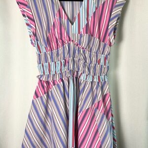 Anthropologie Striped Dress L Pink Blue Fit Flare Elastic Waist